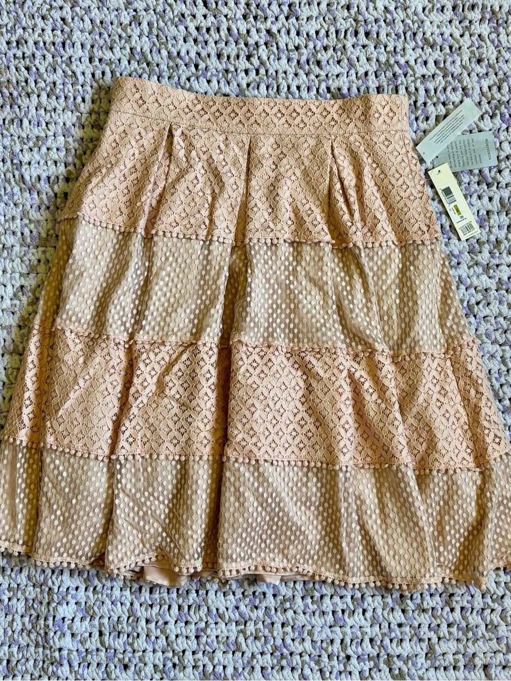 NWT Eliza J Banded Lace & Dotted Mesh Tiered Midi Skirt Blush Pink 14